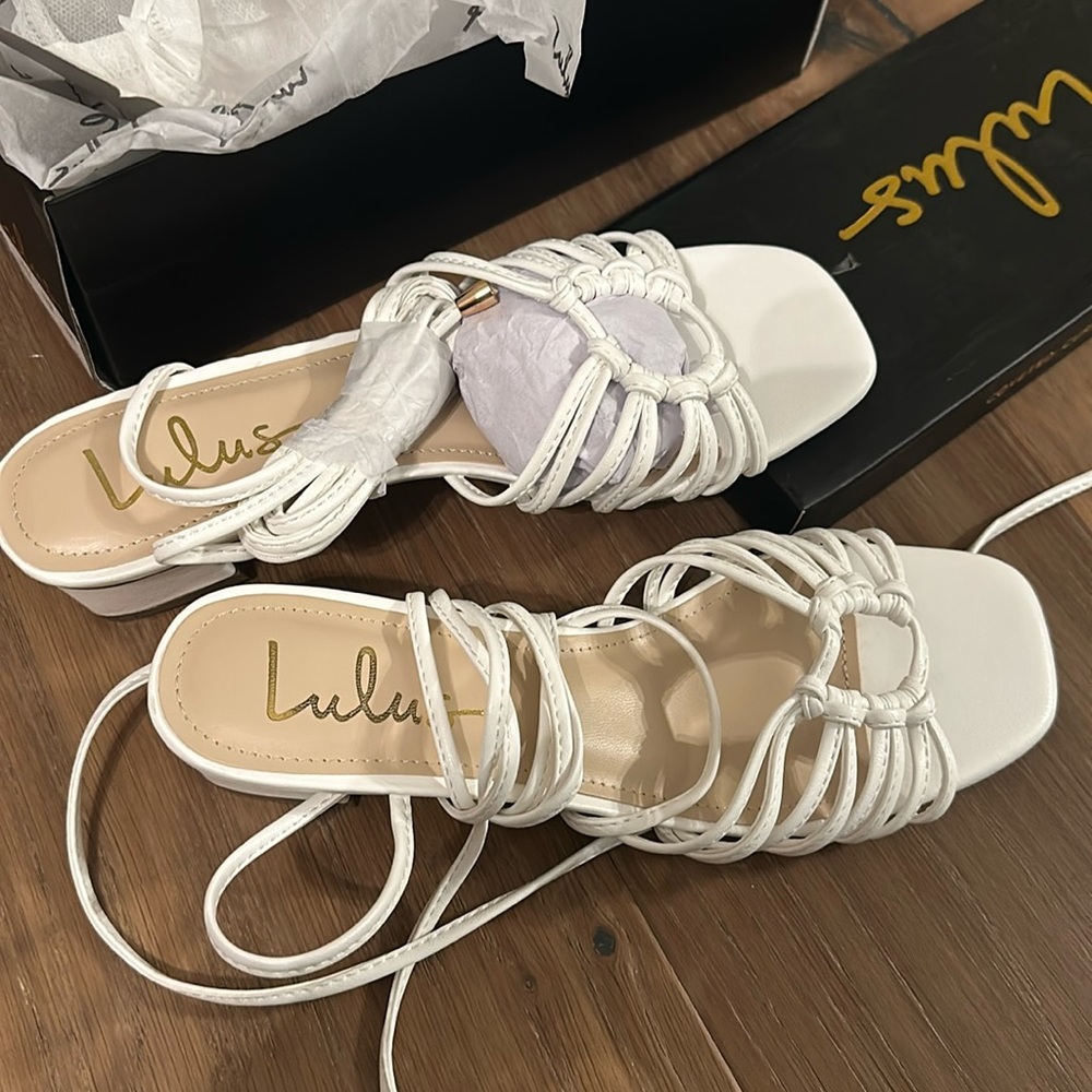 Lulu’s white wrap around sandals. Perfect mini heel